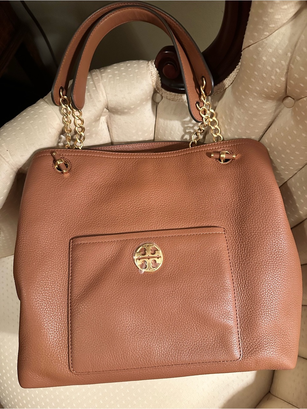 Tory Burch Brown Leather Tote Bag with Gold Hardware
